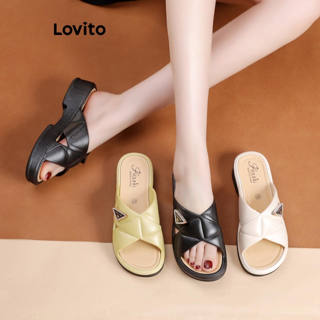 Lovito Sandálias planas casuais simples com fivela de Metal cruzado para mulheres LFA66219 - Women Shoes