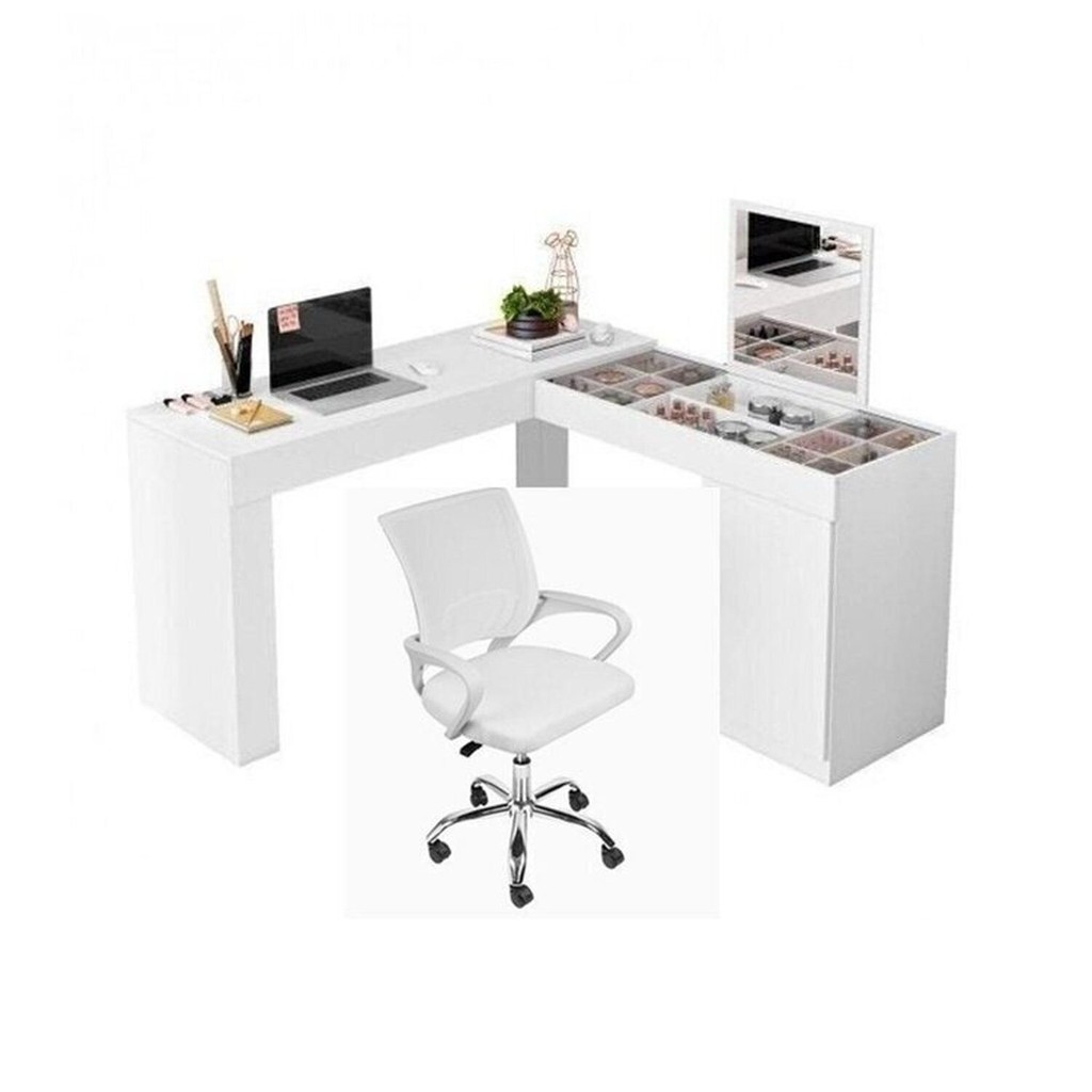 Kit Duas Peças 1 Mesa Escrivainha Penteadeira Com Espelho e 1 Cadeira de Escritório Diretor Tok Branco