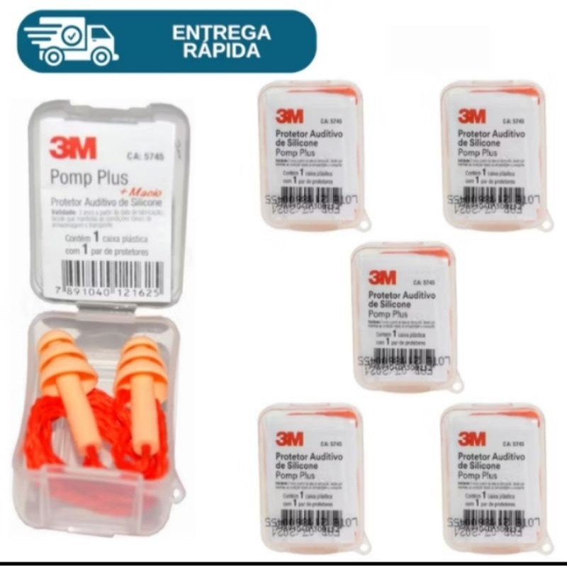 Kit 5 Protetor Auricular Auditivo Plug Silicone Pomp Plus 3M Com Cordão Para Ouvido 19DB Tipo Esportivo Top Promoção