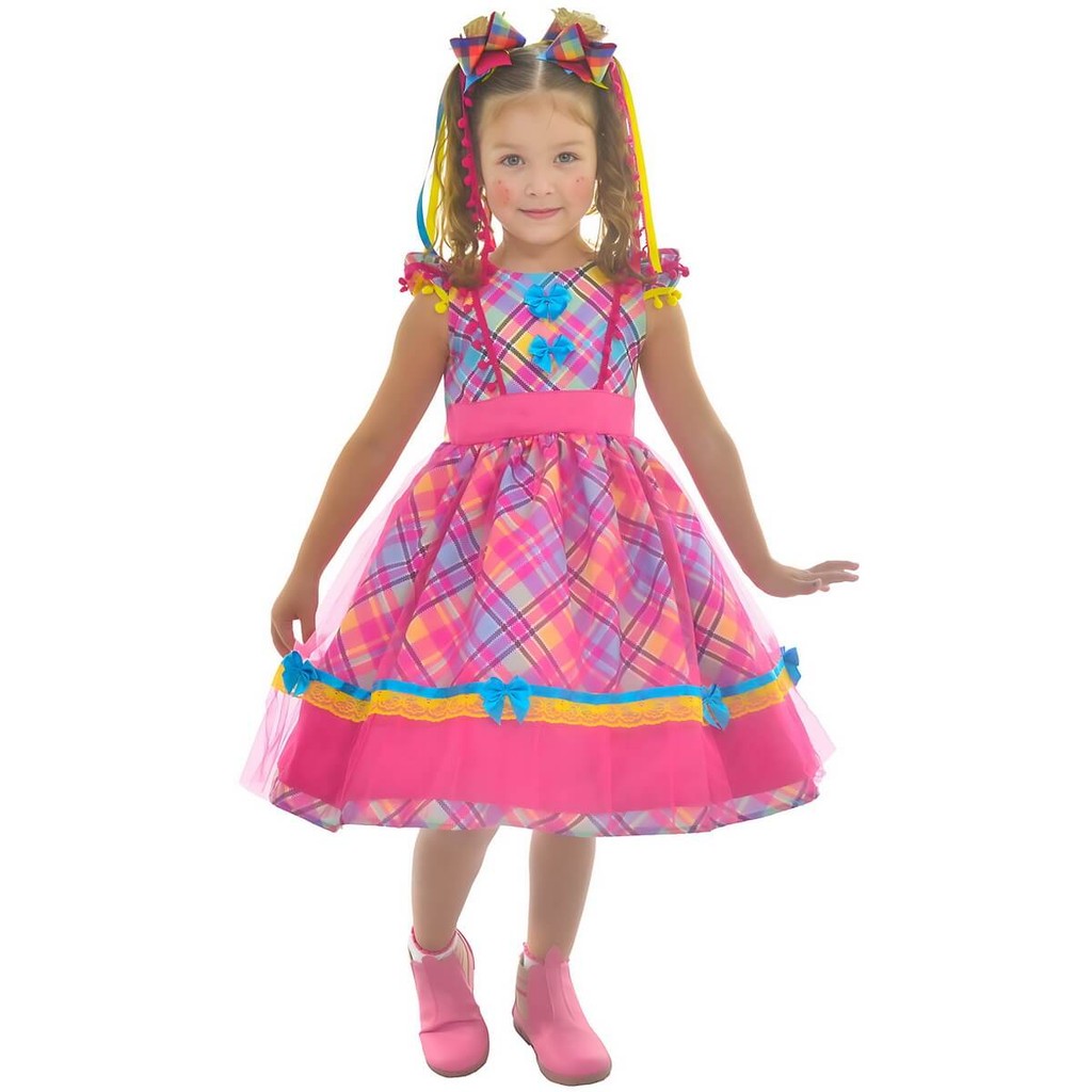 Vestido Festa Junina São Joao Quadrilha Xadrez Rosa Pink Luxuoso