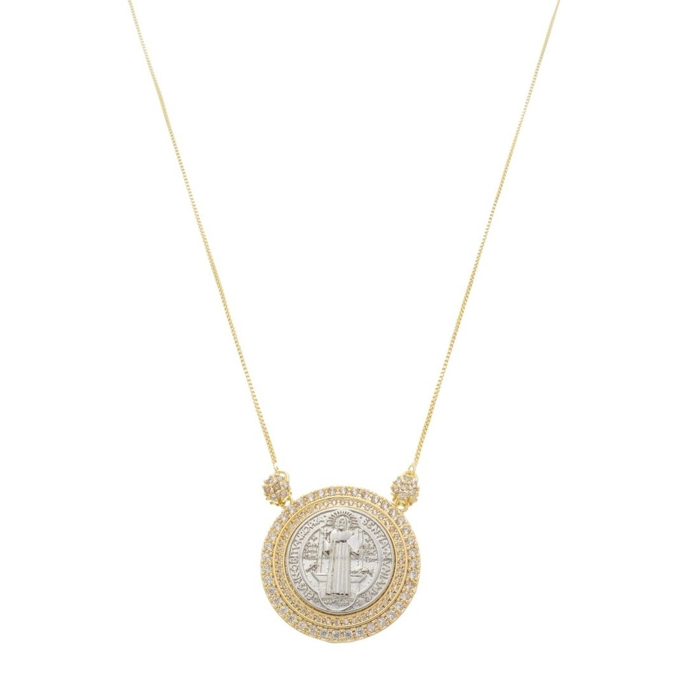 COLAR MEDALHA SÃO BENTO ZIRCÔNIAS FOLHEADO A OURO 18K