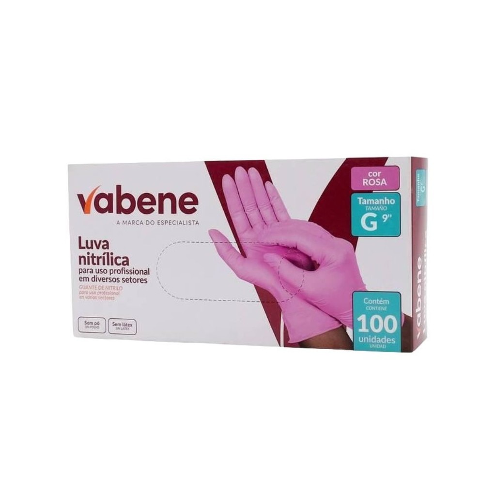 Luva Nitrílica Rosa Sem Pó Vabene 100 Unidades – Tamanho PP; P; M; G em Oferta na Shopee