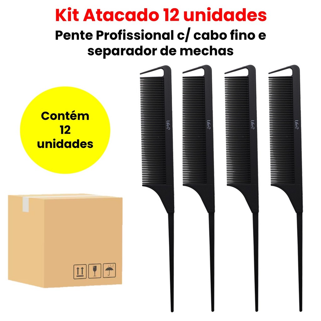 KIT ATACADO C/12 PENTES PROFISSIONAL C/ CABO FINO E SEPARADOR DE MECHAS em Oferta na Shopee
