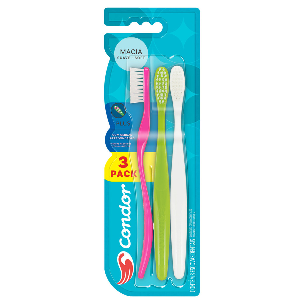 Pack Escova Dental Macia Arredondadas Condor Plus 3 Unidades - Health