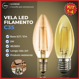Kit 4 Lâmpada Filamento Vela Led E27 e E14 Luz Quente C35 2W Amba Retro Vintage 2200K 110V-220V Bivolt em Oferta na Shopee