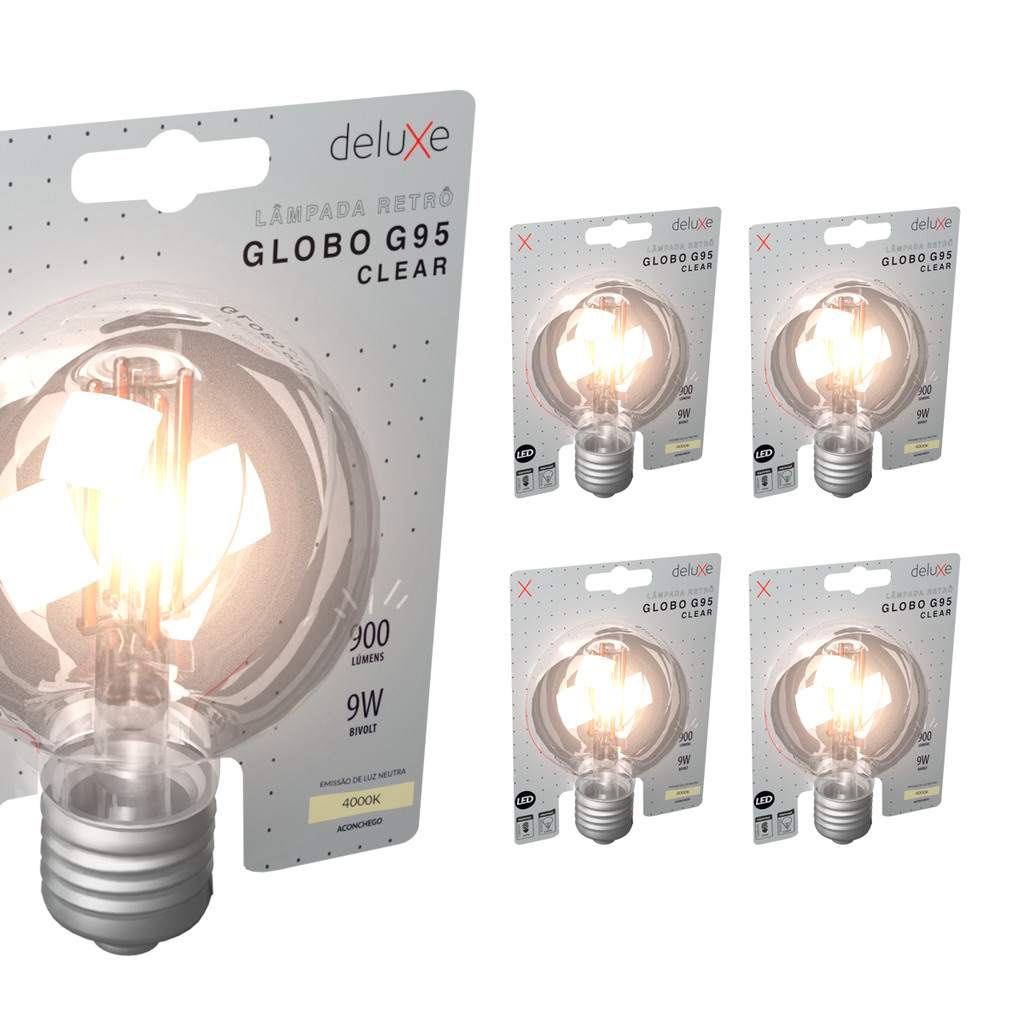Kit 5 Lampada Led Globo Retro Clear G95 9W 4000k E27 Deluxe em Oferta na Shopee