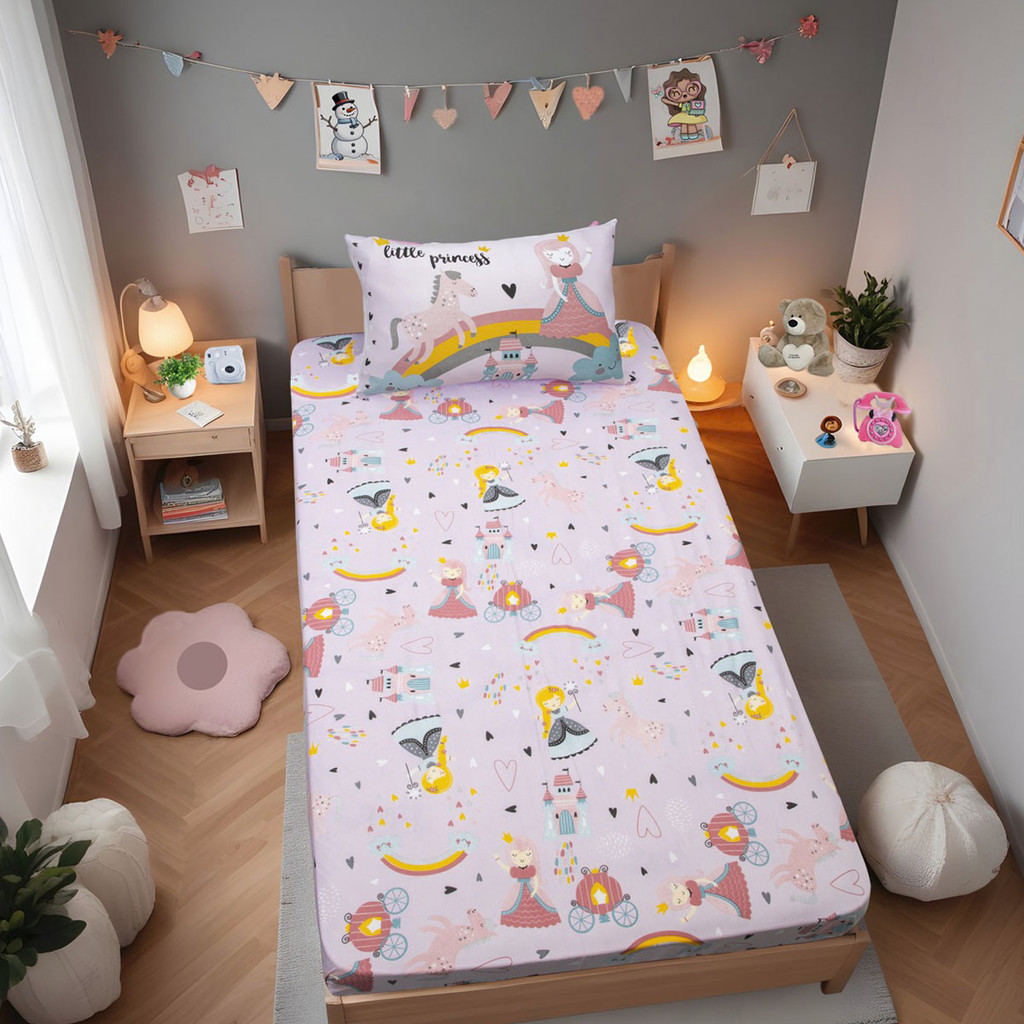 Jogo de Cama Portallar Solteiro Malha Mista Joy Princesas Magicas 2 peças Rosa