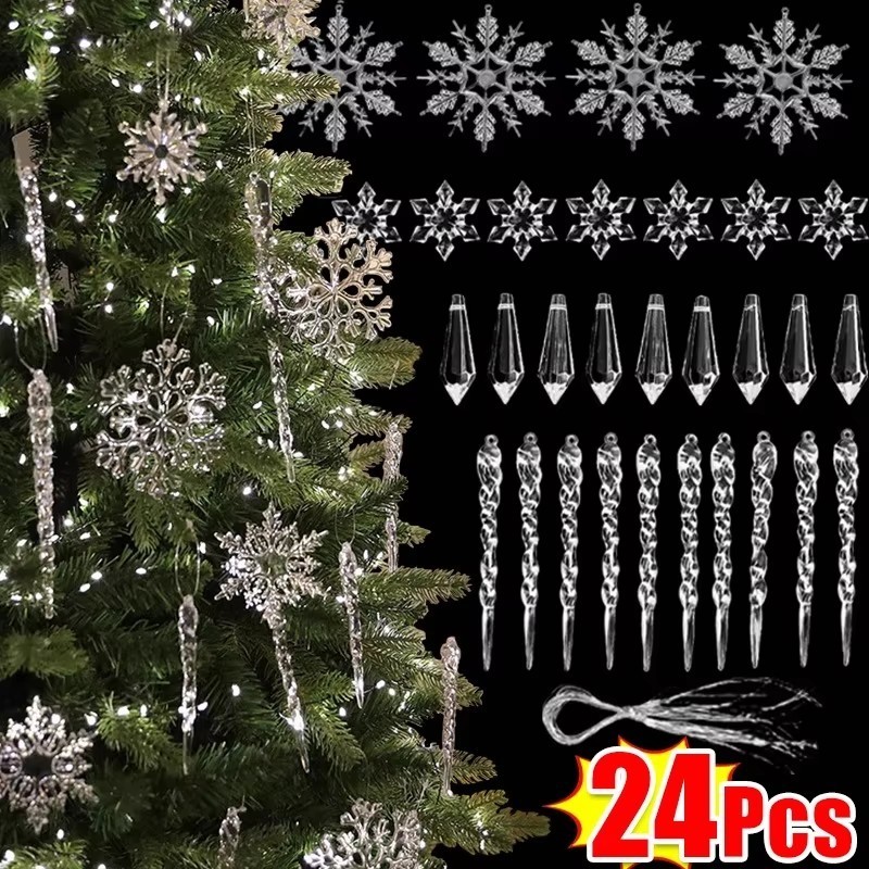 12/24 Unidades Pingentes De Natal De Gelo Artificial Transparente-Pingente De Cristal De S...
