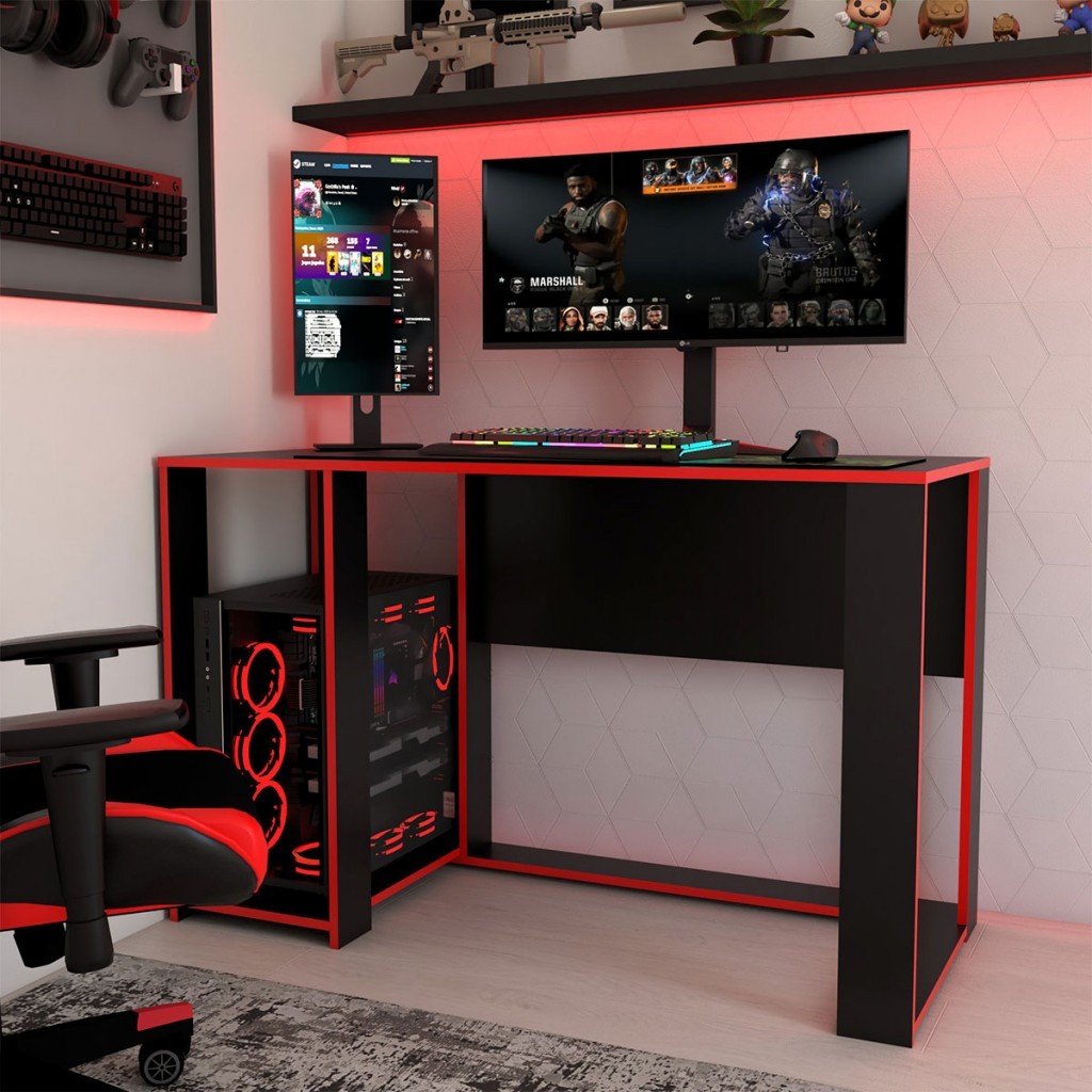 Mesa Gamer Level Espaço para 2 Monitores e Cpu Preto/Vermelho - Panorama Móveis - Home & Living
