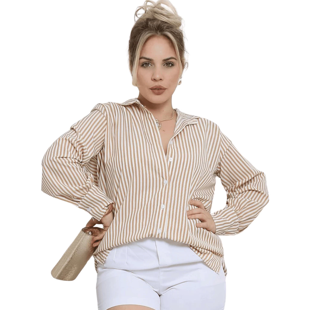 Camisa Manga Longa Feminina Social y Casual Listrada em crepinho blusinha soltinha larga Boho