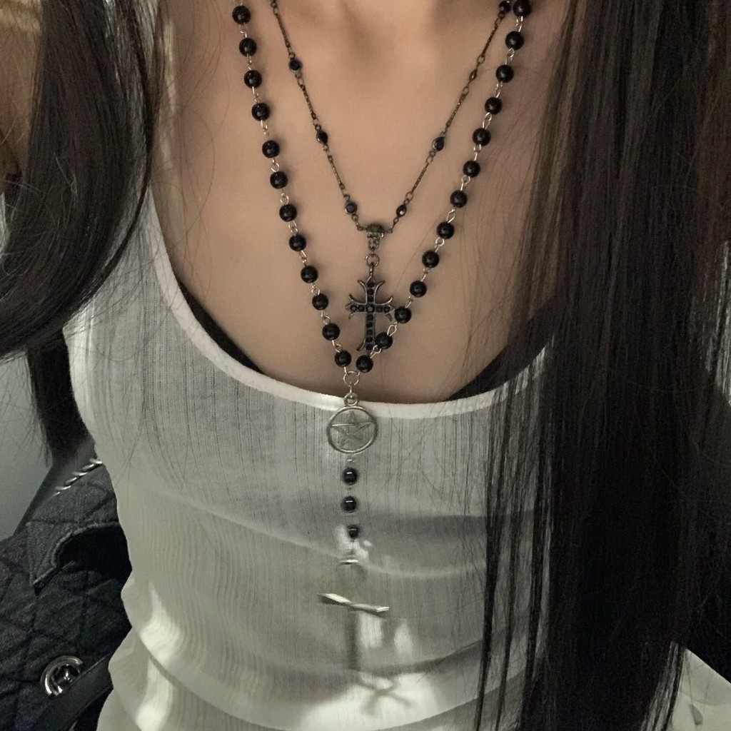 Colares Com Pingente De Cruz Vintage Para Mulheres , Colar Punk Preto Contas , Conjunto De Joias , Acessórios Diários