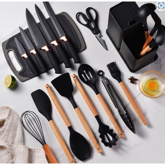 Kit Completo Jogo Utensílios de Cozinha Luxo 19 Peças Com Tábua em Silicone Espátula Faca Tesoura