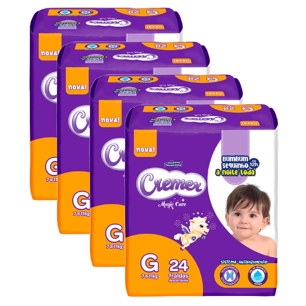 Kit 4 Fralda Cremer Magic Care Tamanho G Prática 24 Unidades Descartáveis cada