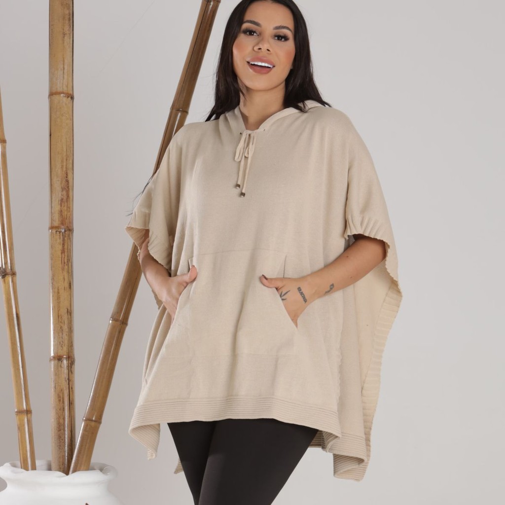 Blusa Feminino com Touca Poncho Tricô Moda Inverno Gola Alta