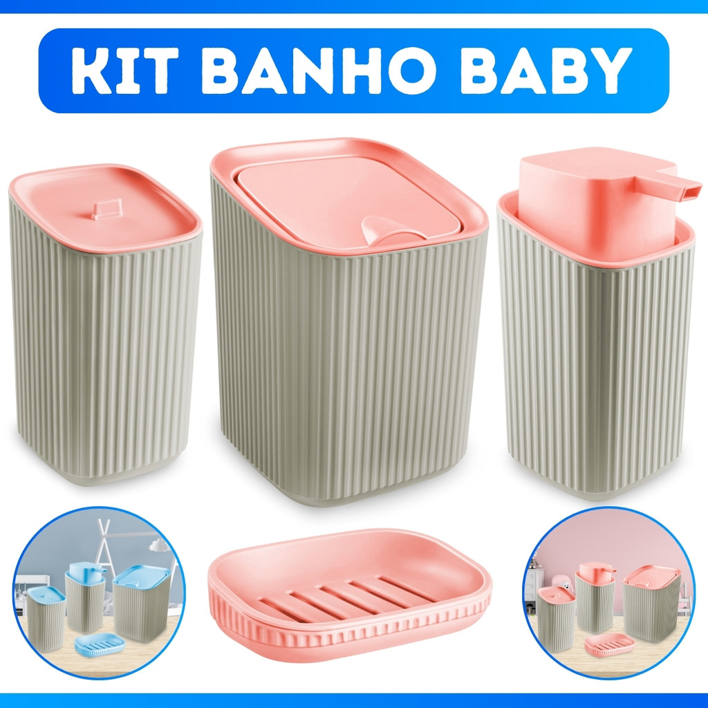 Kit Banho Infantil Completo Dispenser Lixeira c/ Tampa Saboneteira Bebê Criança - FRETE GRÁTIS