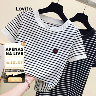 (LIVE STREAM SALE) Lovito Camiseta com Gola Contrastante e Listras para Mulheres LNE39558 (Branco/Preto) em Oferta na Shopee