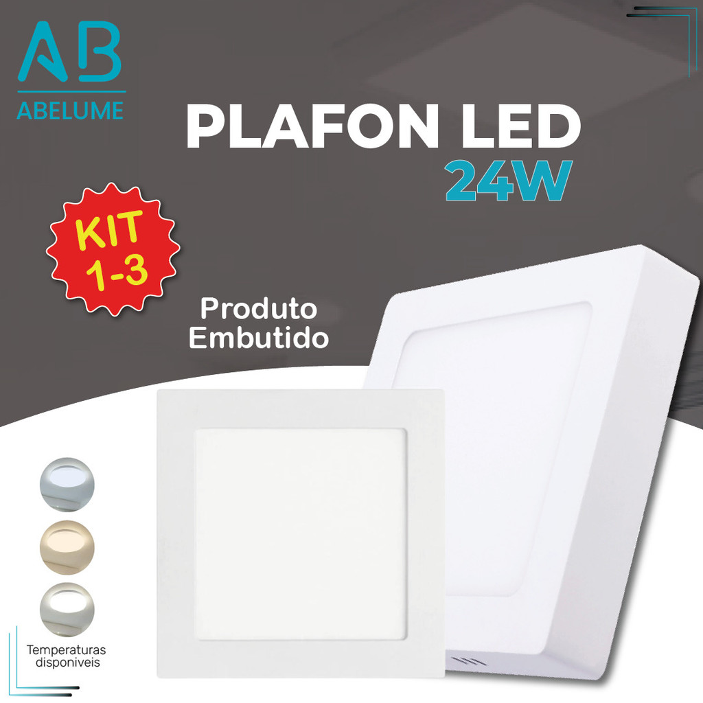Kit 3 Luminária Painel Plafon Sobrepor Led 24w Quadrado Branco Quente | Branco Frio | Branco Neutro - Home & Living