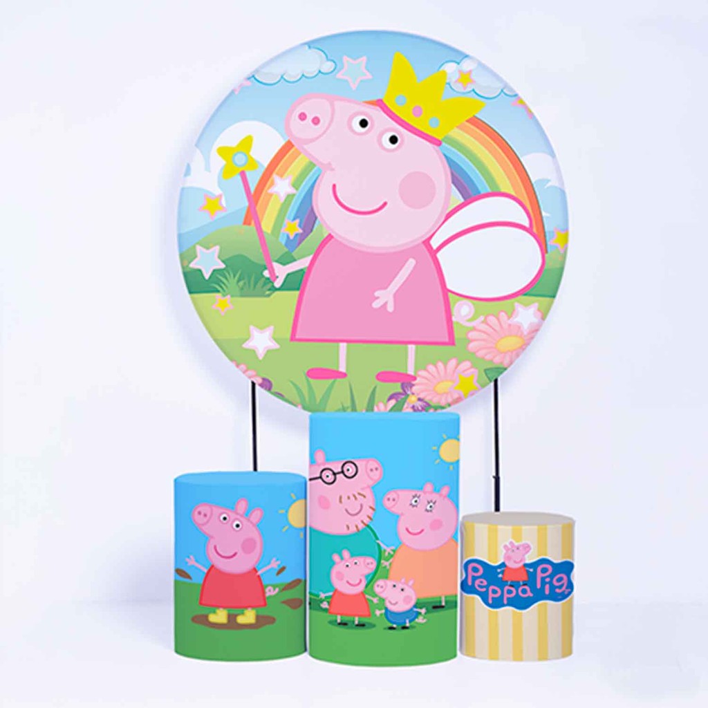 Kit Painel de Festa Redondo de 1,50m e Trio de Cilindros Peppa Pig - Fera Print