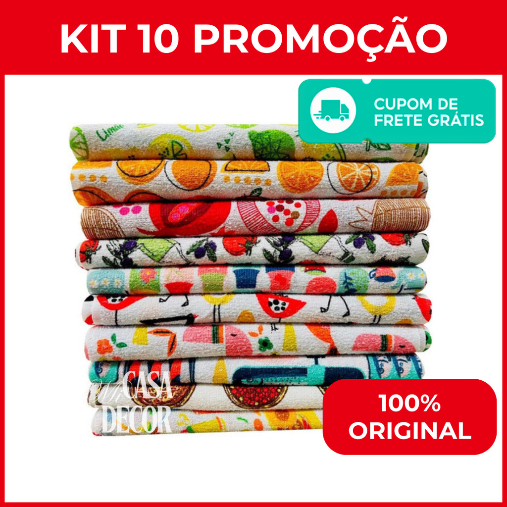 Kit 10 Panos De Prato Felpudo Atoalhado Para Cozinha Estampado Grande