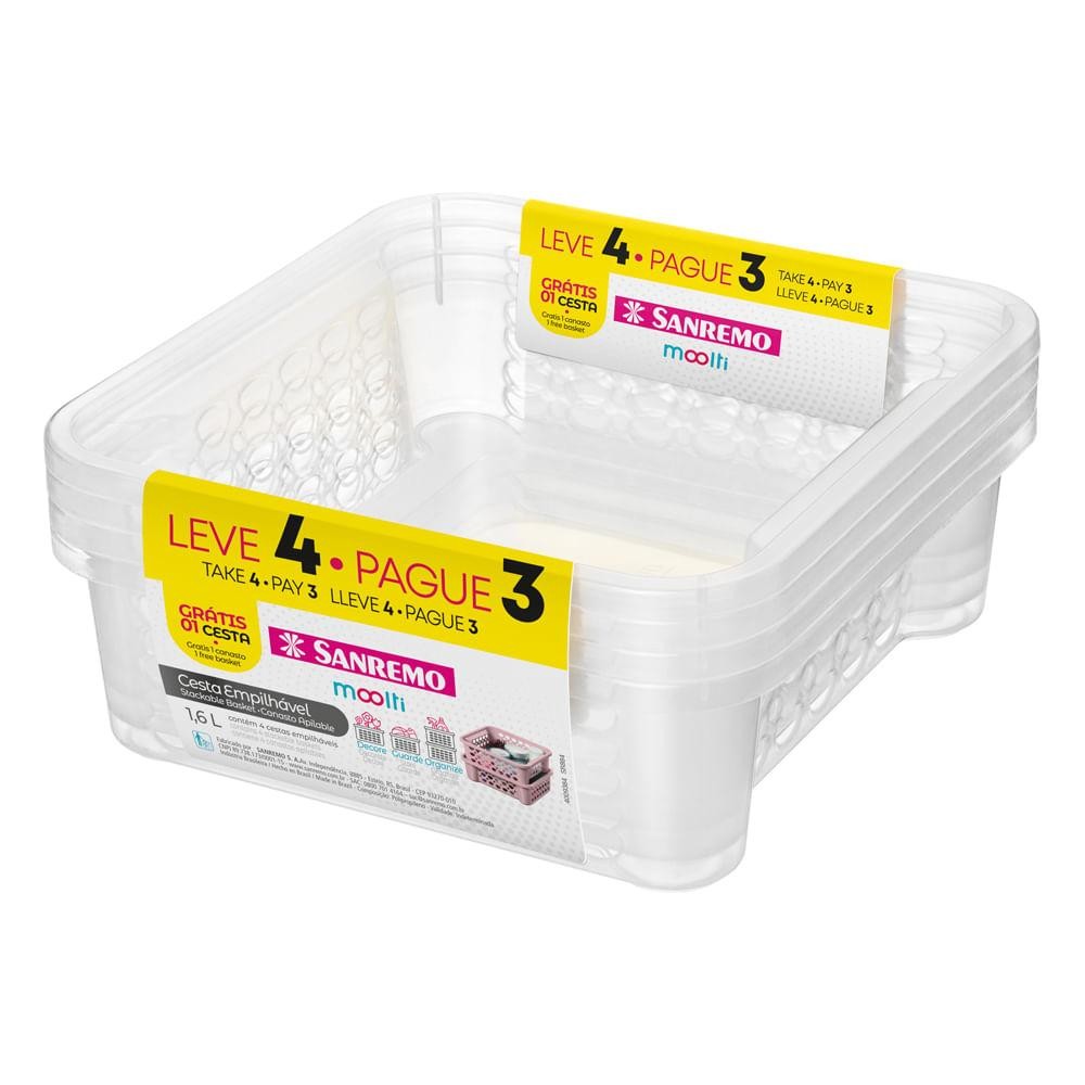 Cesta Empilhável Plástico Transparente 1,6L Moolti Sanremo Leve 4 Pague 3 - Home & Living