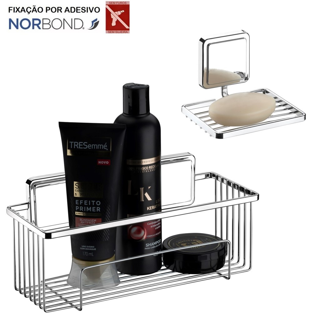 Kit Suporte Porta Shampoo Prateleira Saboneteira Banheiro Adesivo Dupla Face Cromado Future