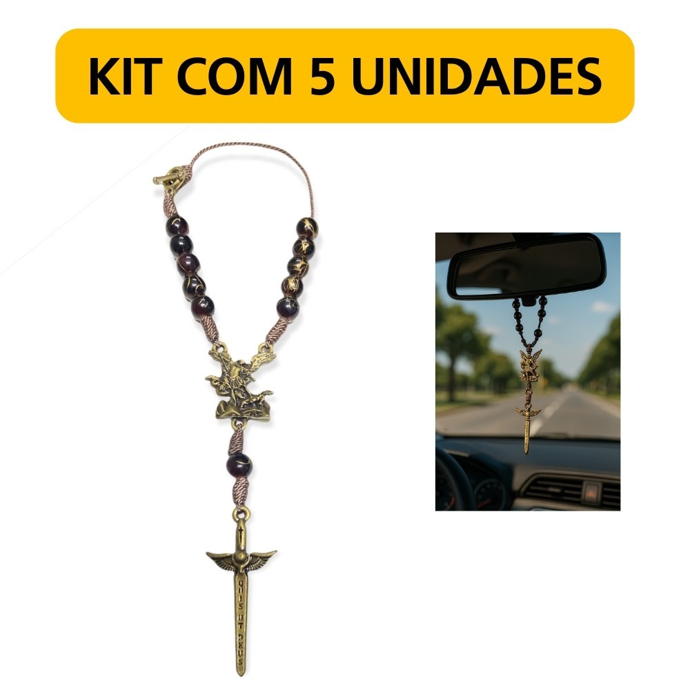 Dezena de São Miguel Arcanjo Retrovisor Madeira com Entremeio Espada em Metal - Kit com 5 Unidades