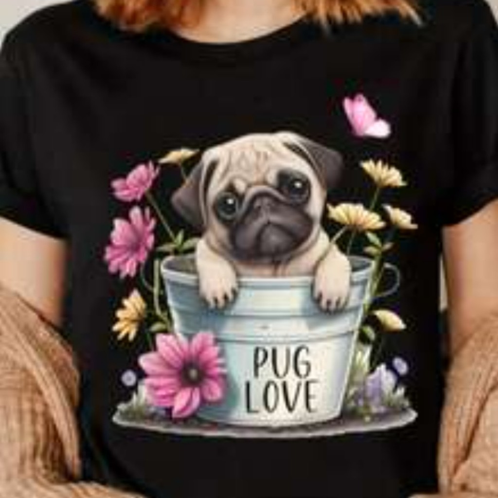 Camiseta Feminina de Gola Redonda Estampada com Pug, Moda T-shirt Feminina com Estampa de Pug