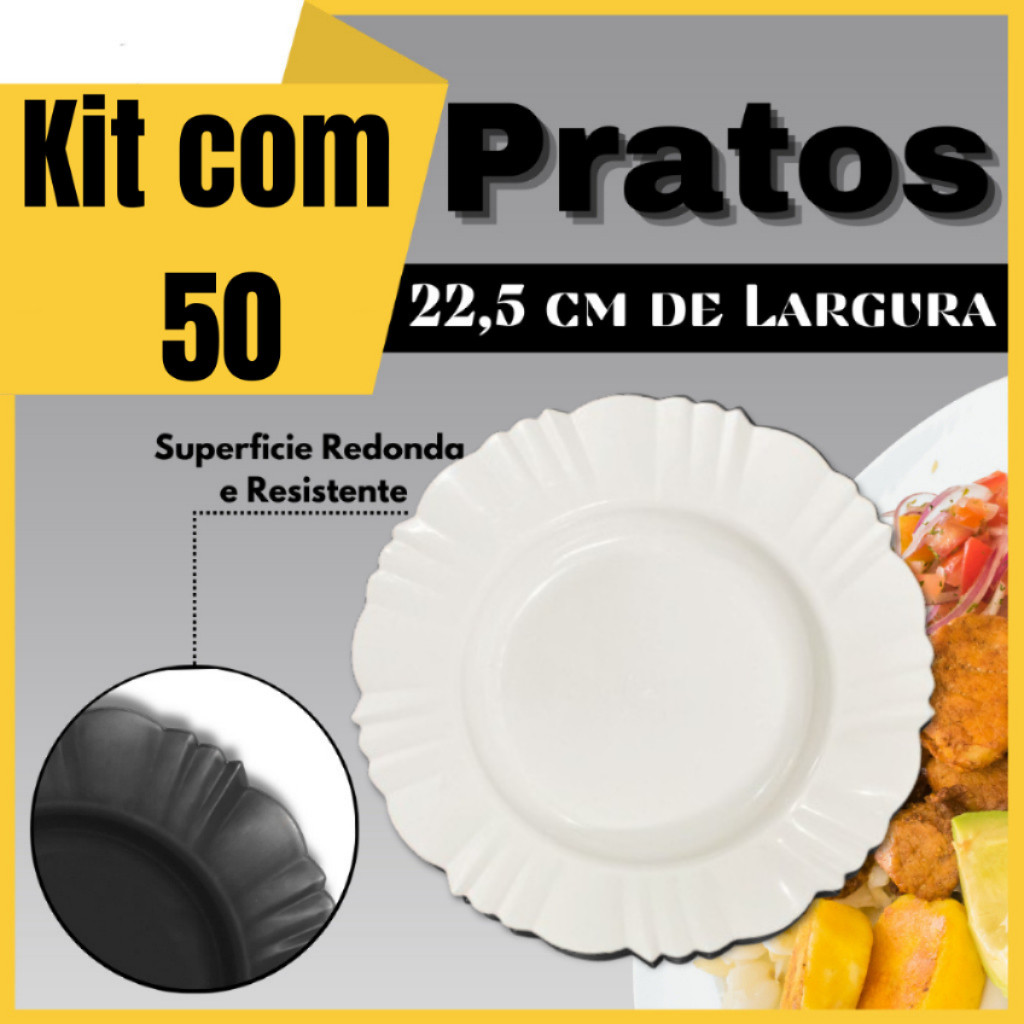 Kit 50 Pratos Pétala Plastico Redondo Fundo Reforçado