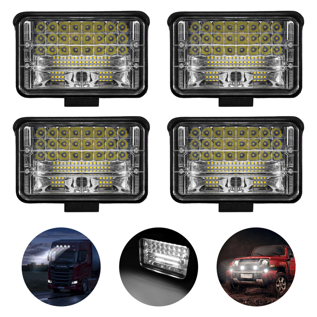 Kit 04 Farol de Led Retangular 48 LEDs Bi-volt 9-36V 144W Branco Jeep SUV Troller Caminhão Off-Road