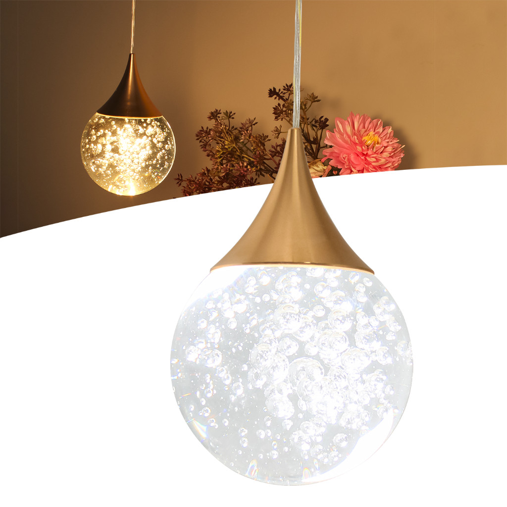 Luminária Pendente Led 3 Cores De Luz Cúpula Bolhas Cristal Dourado Pd20