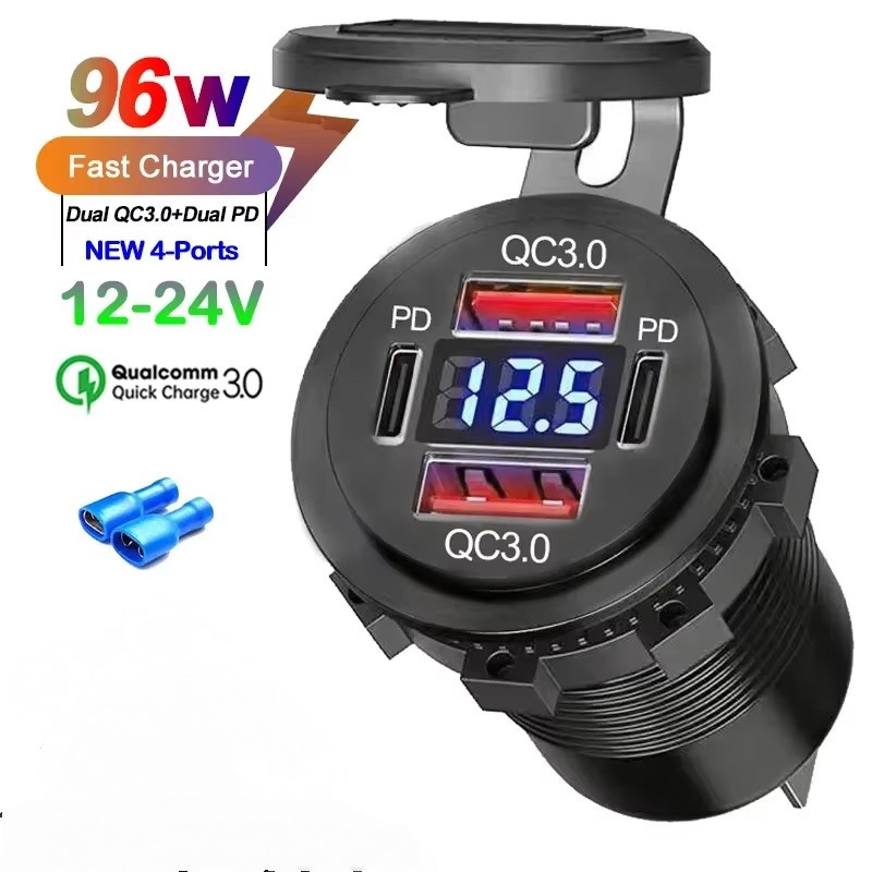 Tomada De Carregamento USB 12V-24V Energia Duplo QC3.0 + Dupla PD Tipo-C Com Tampas Voltímetro Porta Para Carro