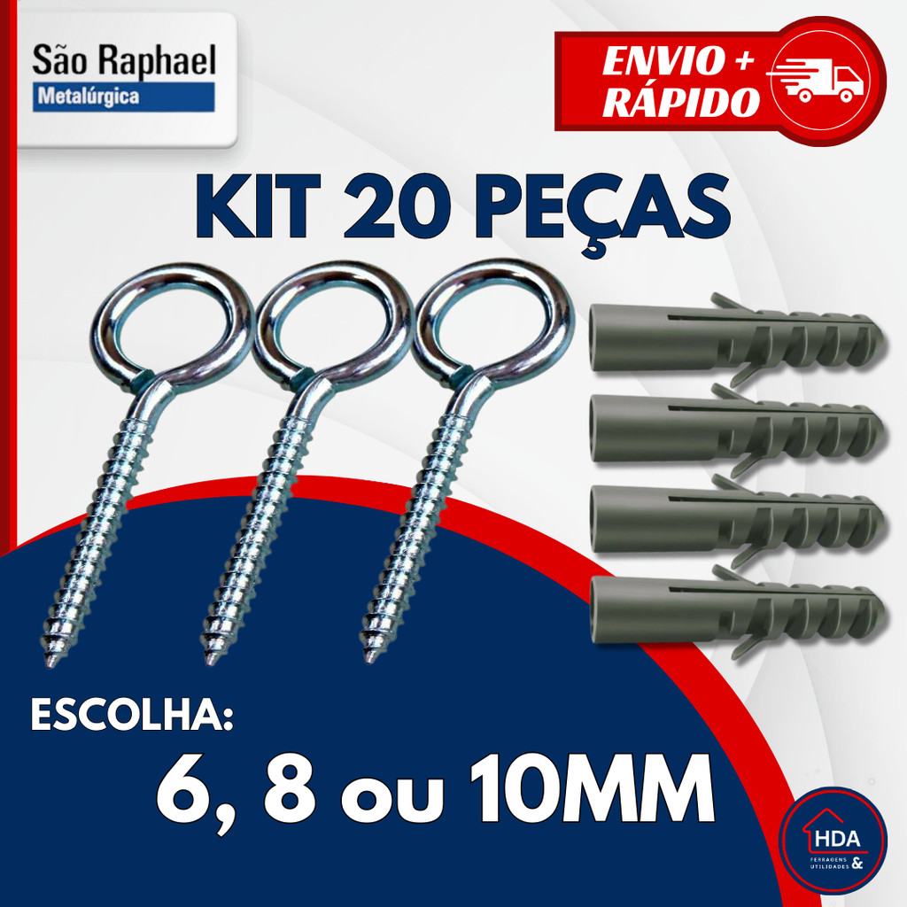 Kit de Gancho Fechado Pitão e Bucha para Fixação de 6, 8 ou 10 mm - 20 peças - São Raphael em Oferta na Shopee