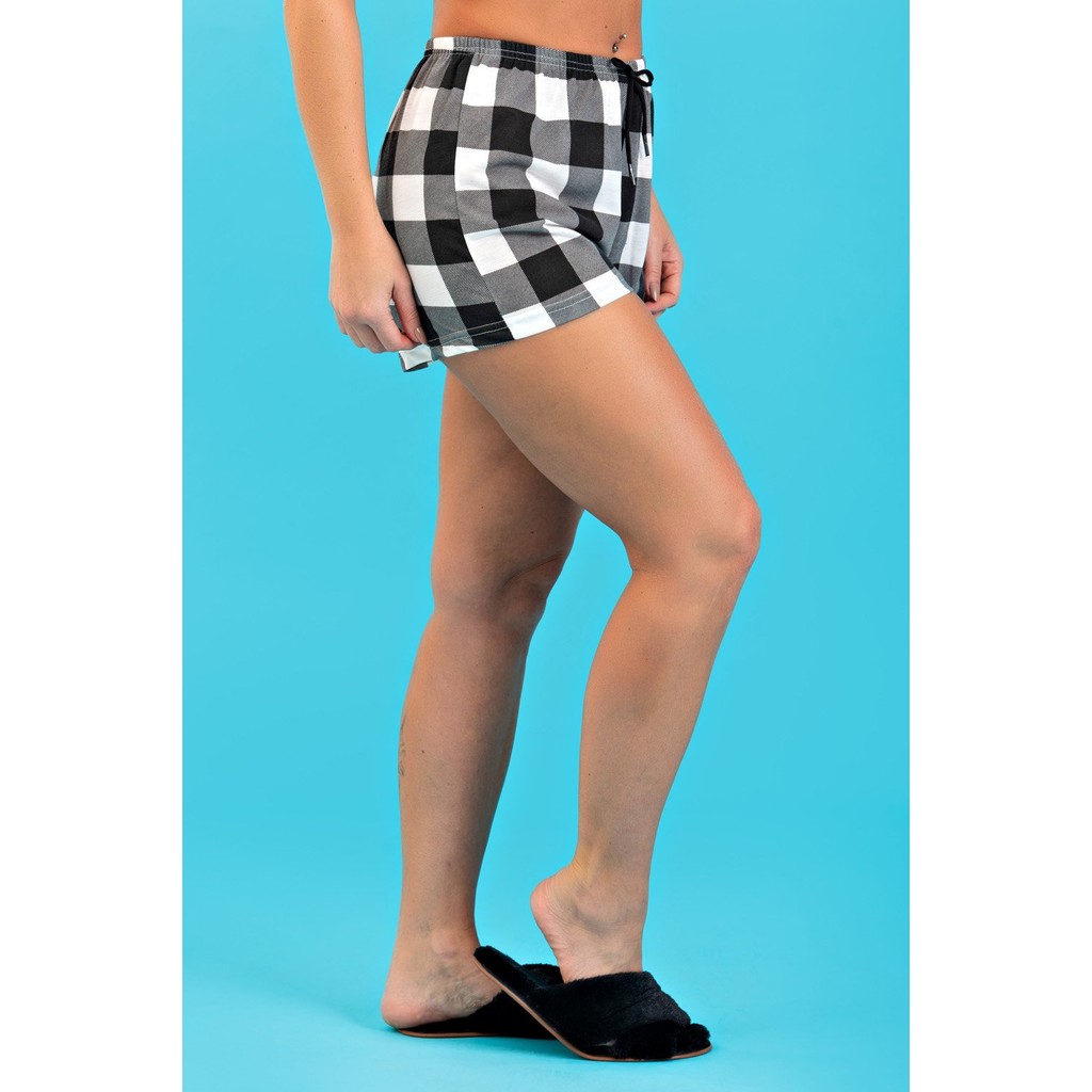 Shorts De Pijama Feminino Xadrez Preto Verão Confortável