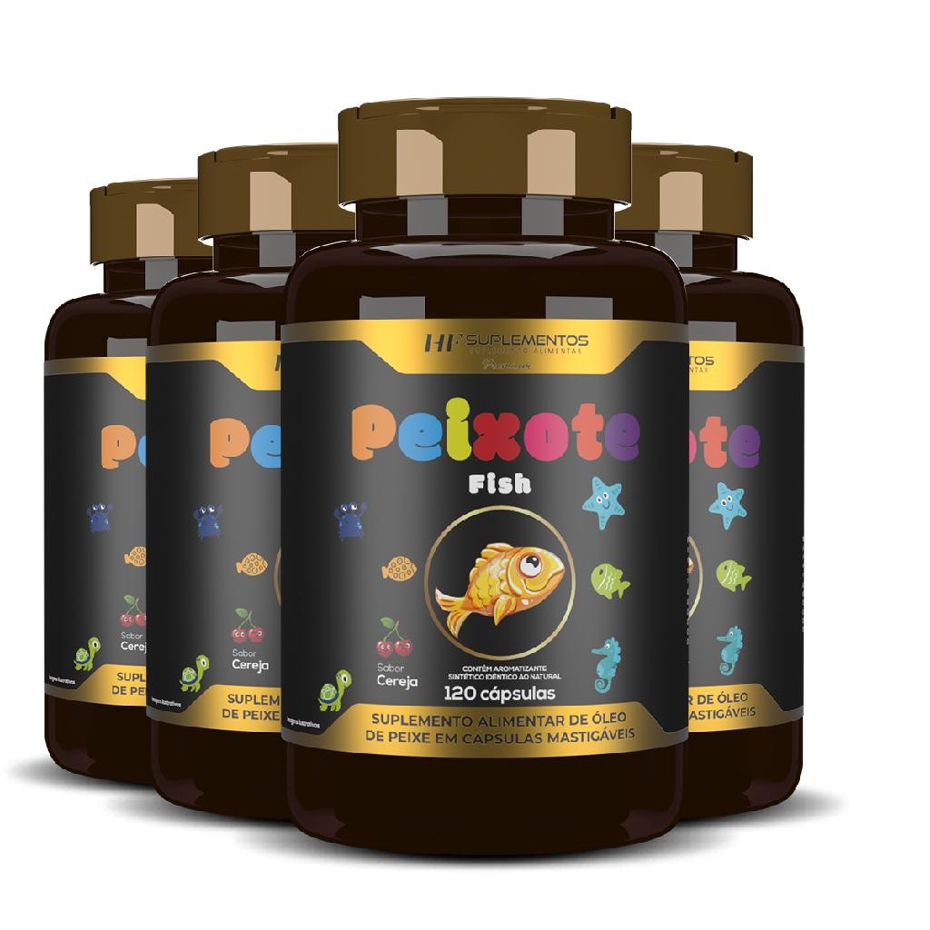 KIT 5 ÔMEGA 3, PELE, CORAÇÃO E CÉREBROPEIXOTE OMEGA 3 KIDS MASTIGAVEL 120CAPS PEIXOTE KIDS SUA SABOR CEREJA CRIANCAS