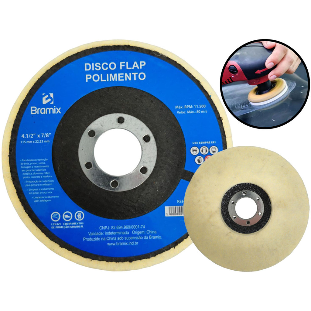 Disco Flap Em Feltro Lã Profissional Para Polimento Removedor Metal Inox Alumínio 115mm Bramix em Oferta na Shopee