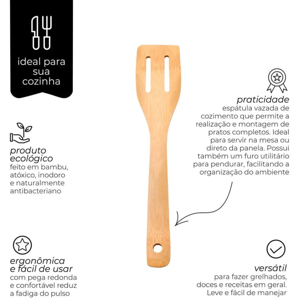 Espátula Vazada De Bambu 30cm Natural Orgânica Para Cozinha Reforçada · foto 2