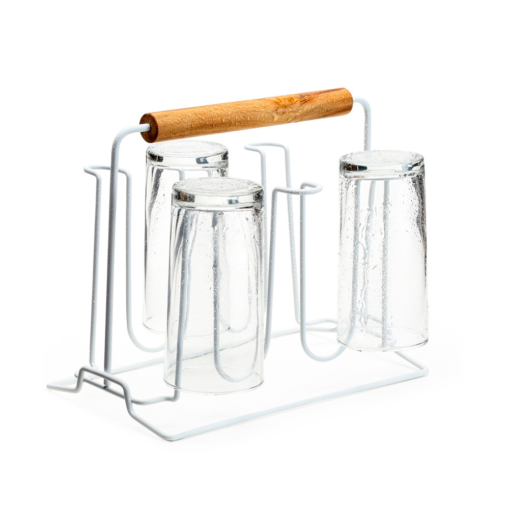 Porta 6 Copos Escorredor Suporte C/ Alça Bambu Metal Branco em Oferta na Shopee