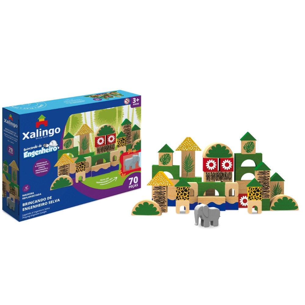 JOGO BRINCANDO DE ENGENHEIRO BLOCOS DE MONTAR SELVA 70 PEÇAS XALINGO MADEIRA REFLORESTADA CONSTRUÇÃO em Oferta na Shopee