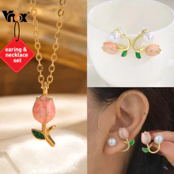Conjunto De Colar De Brincos De Pérola De Tulipa Vnox Para Mulheres , Gargantilha Ajustável Sem Desbotamento Presente De