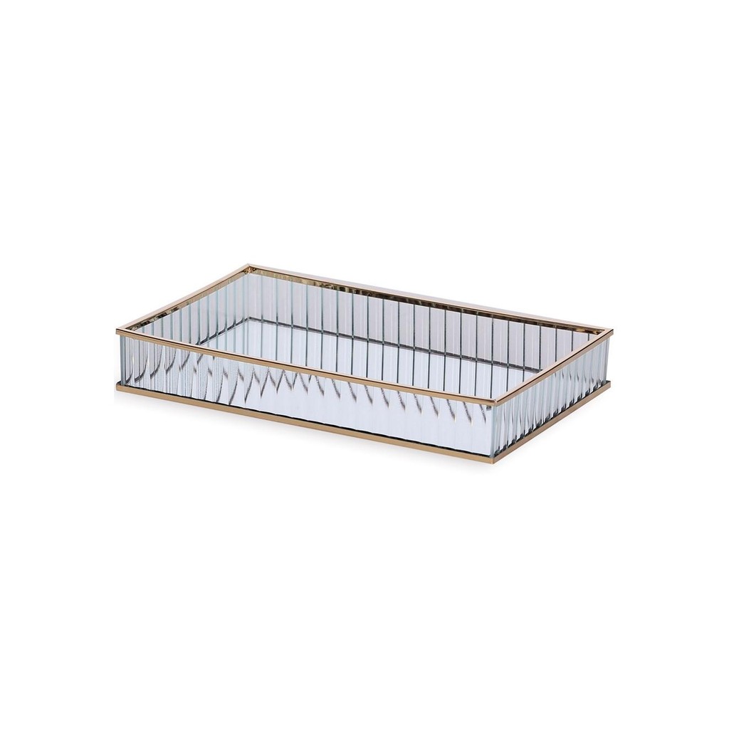 Bandeja em Vidro Canelado Com Espelho e Borda Metal Dourada 28,5x17,5 cm