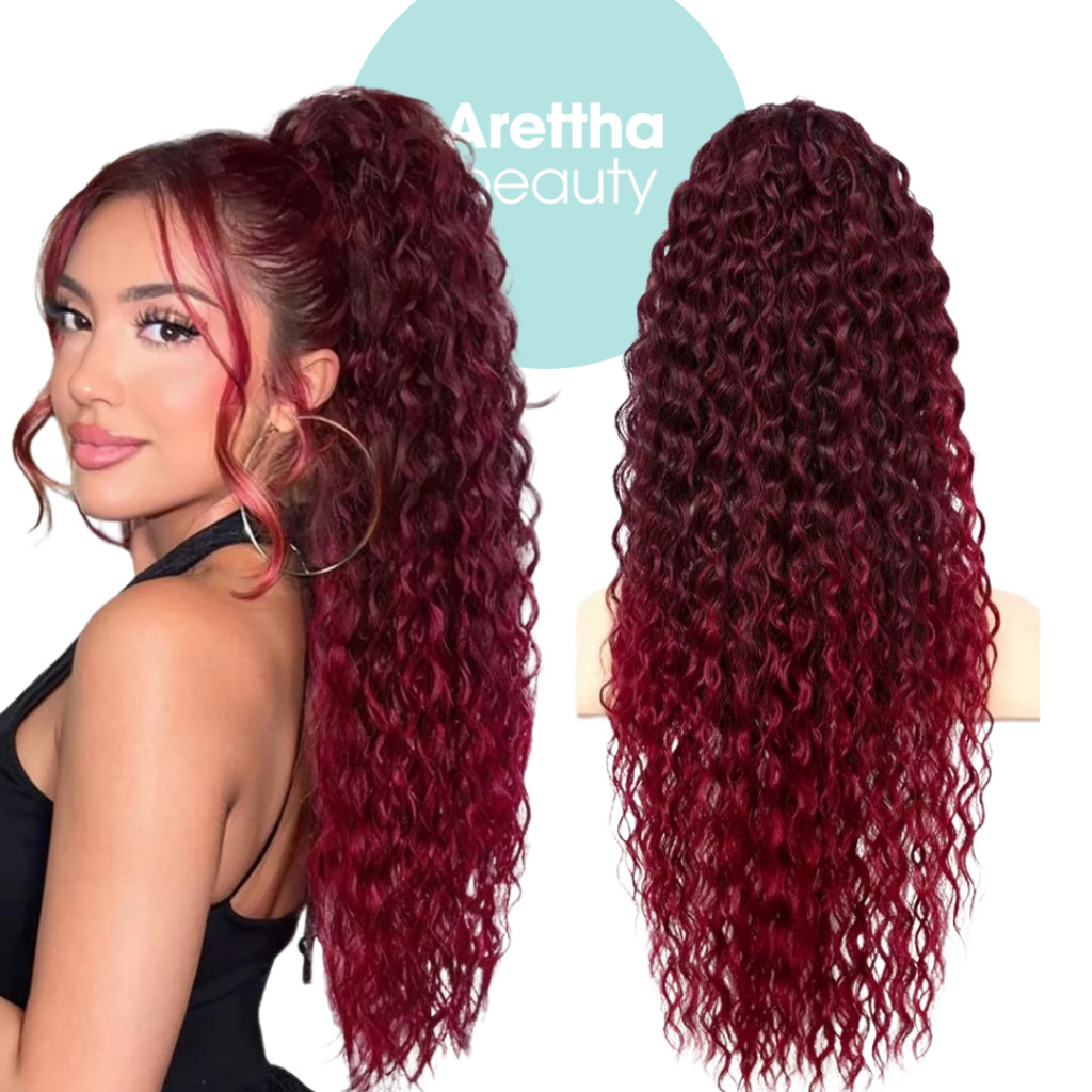 Rabo de cavalo ruivo marsala vinho cacheado longo fibra de proteína em Oferta na Shopee