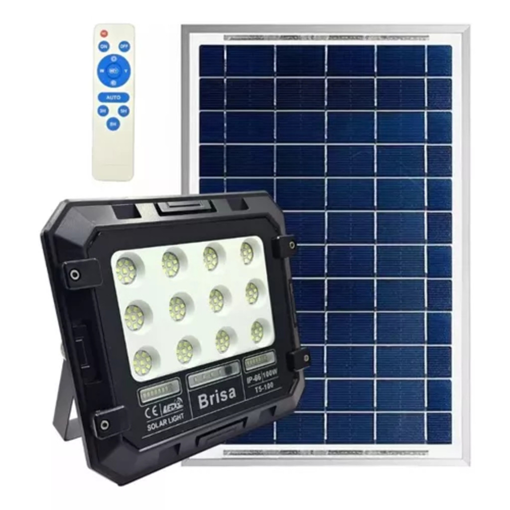Refletor Led 100w Com Placa Solar A Prova D'água Holofote PRETO Brisa/led