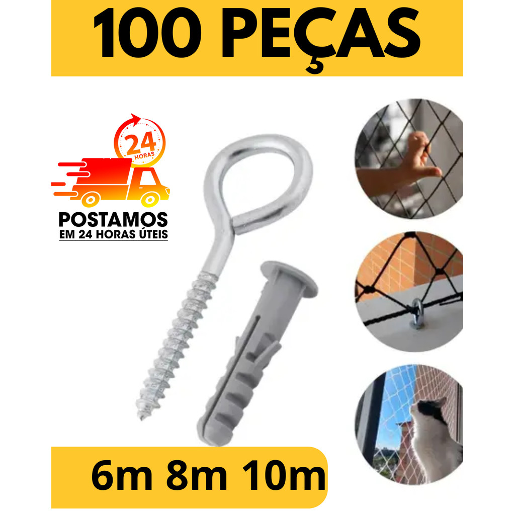 Kit de Gancho Fechado Pitão e Bucha para Fixação de 6, 8 ou 10 mm - 100 peças P/PROTEÇÃO TELA