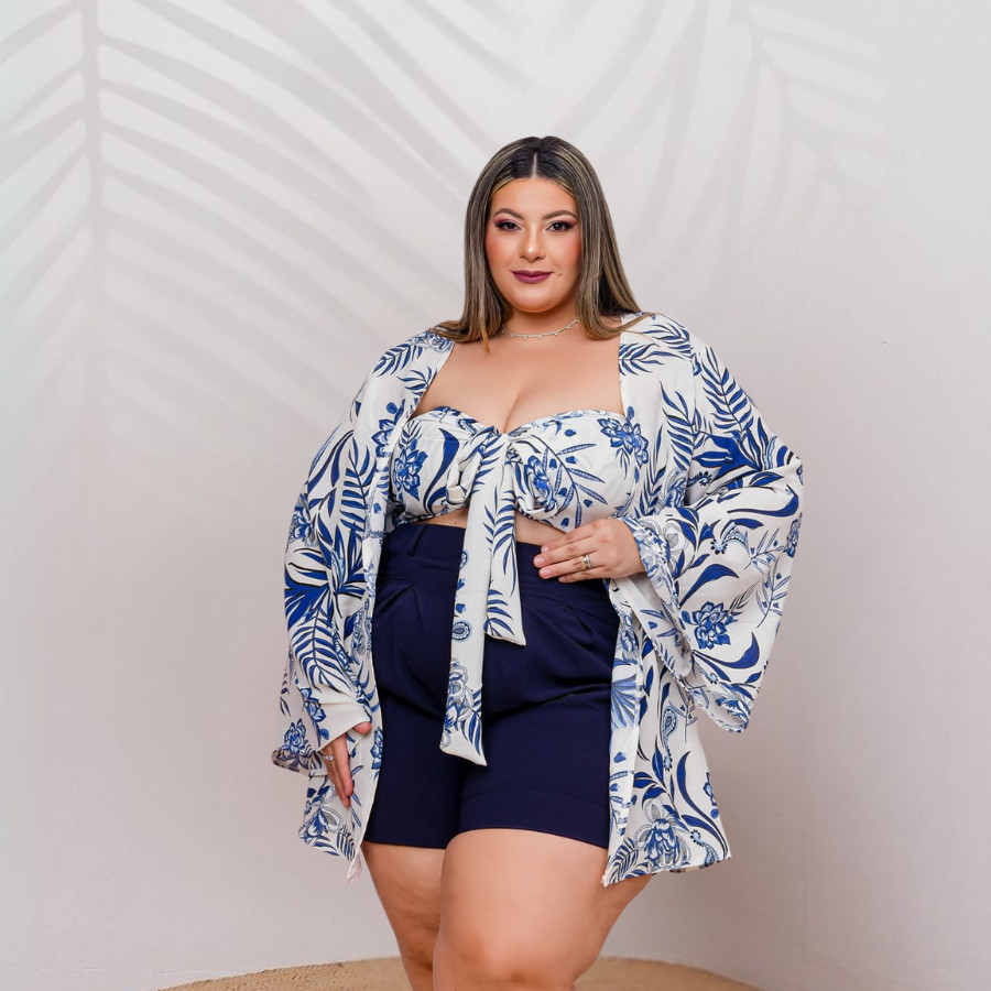 Conjunto Plus Size Kimono + Cropped Estampado 0610