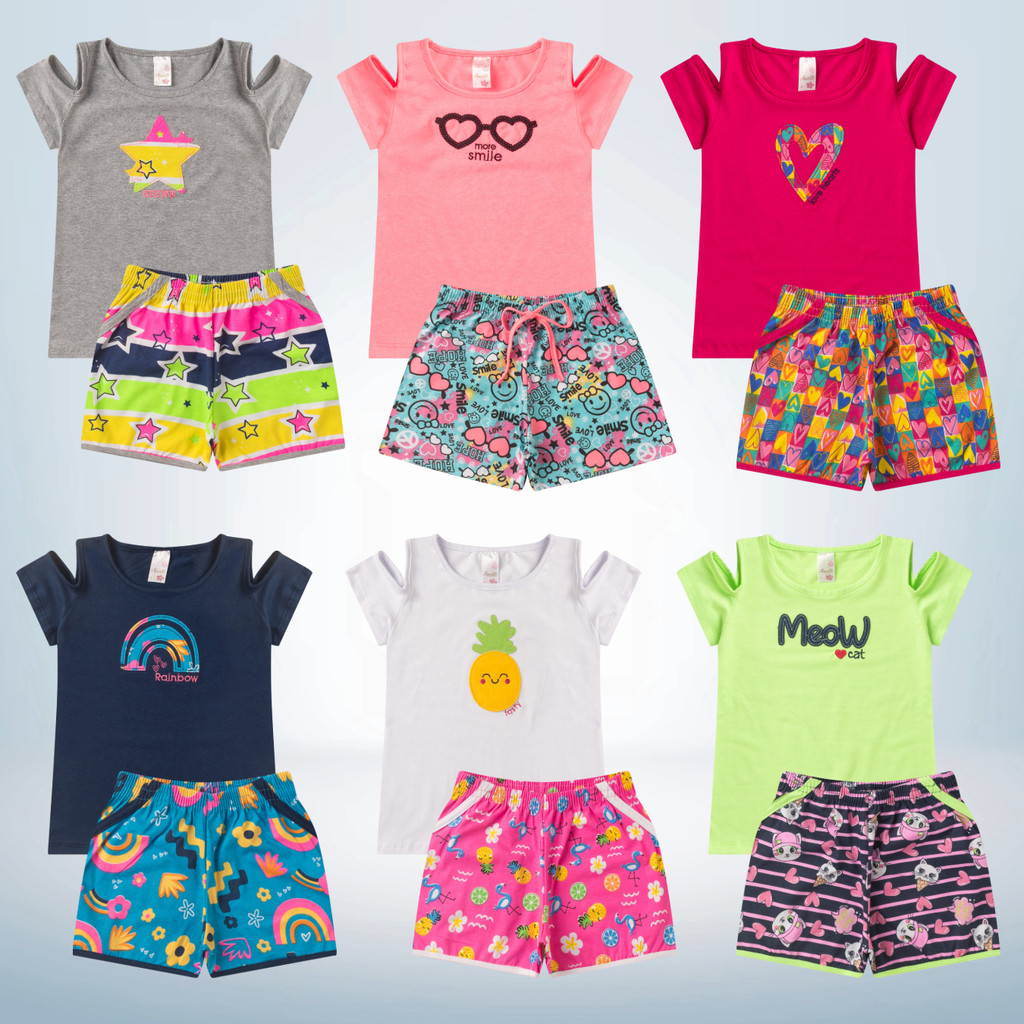 Conjunto Menina Blusa c/ Ombro Vazado Estampa Bordada e Shorts Estampado - 4/6/8 - Analê