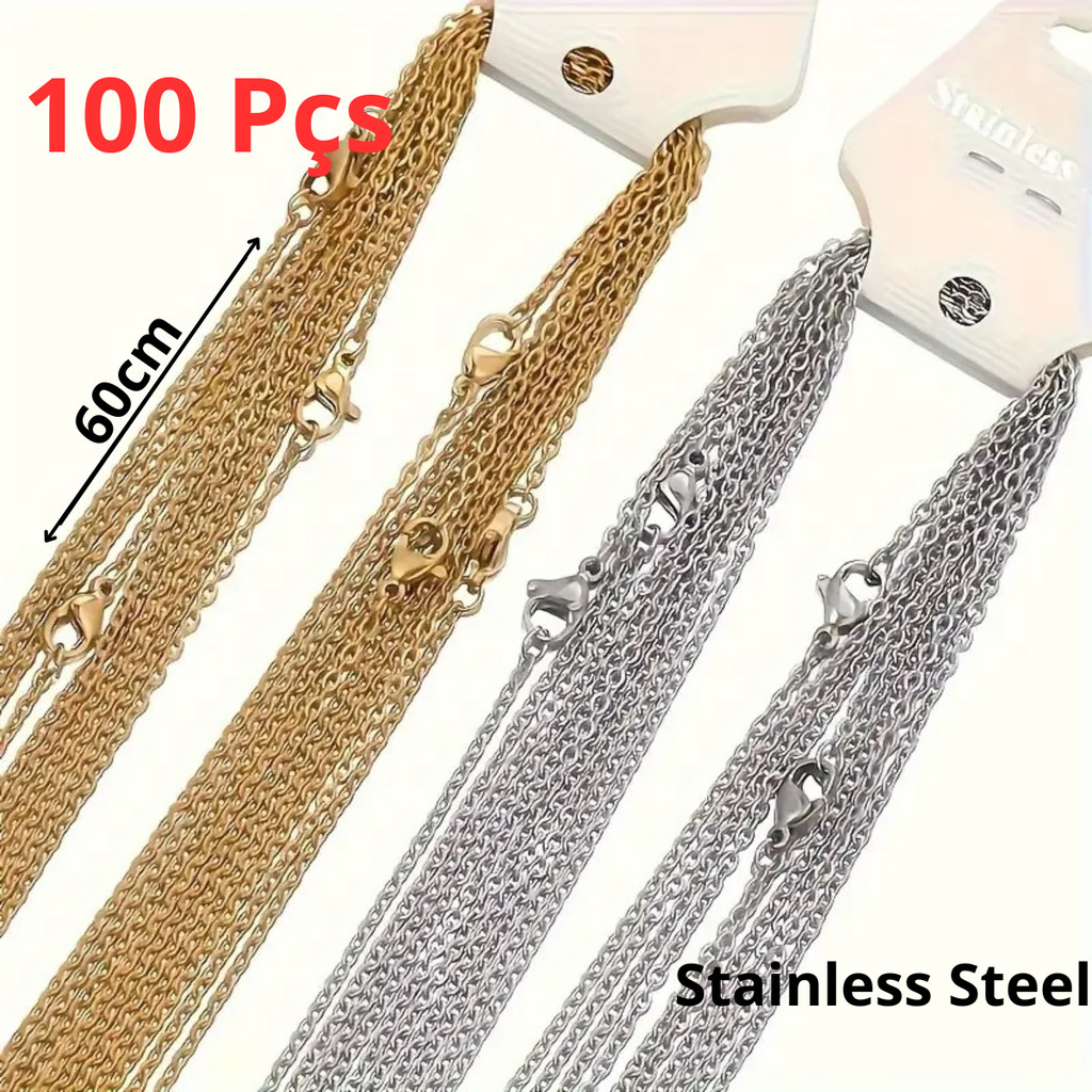 Kit C/ 100 Corrente Fina Aço 60cm Folheada A Ouro / Prata Lote Com 100 Peças Revenda Lojista