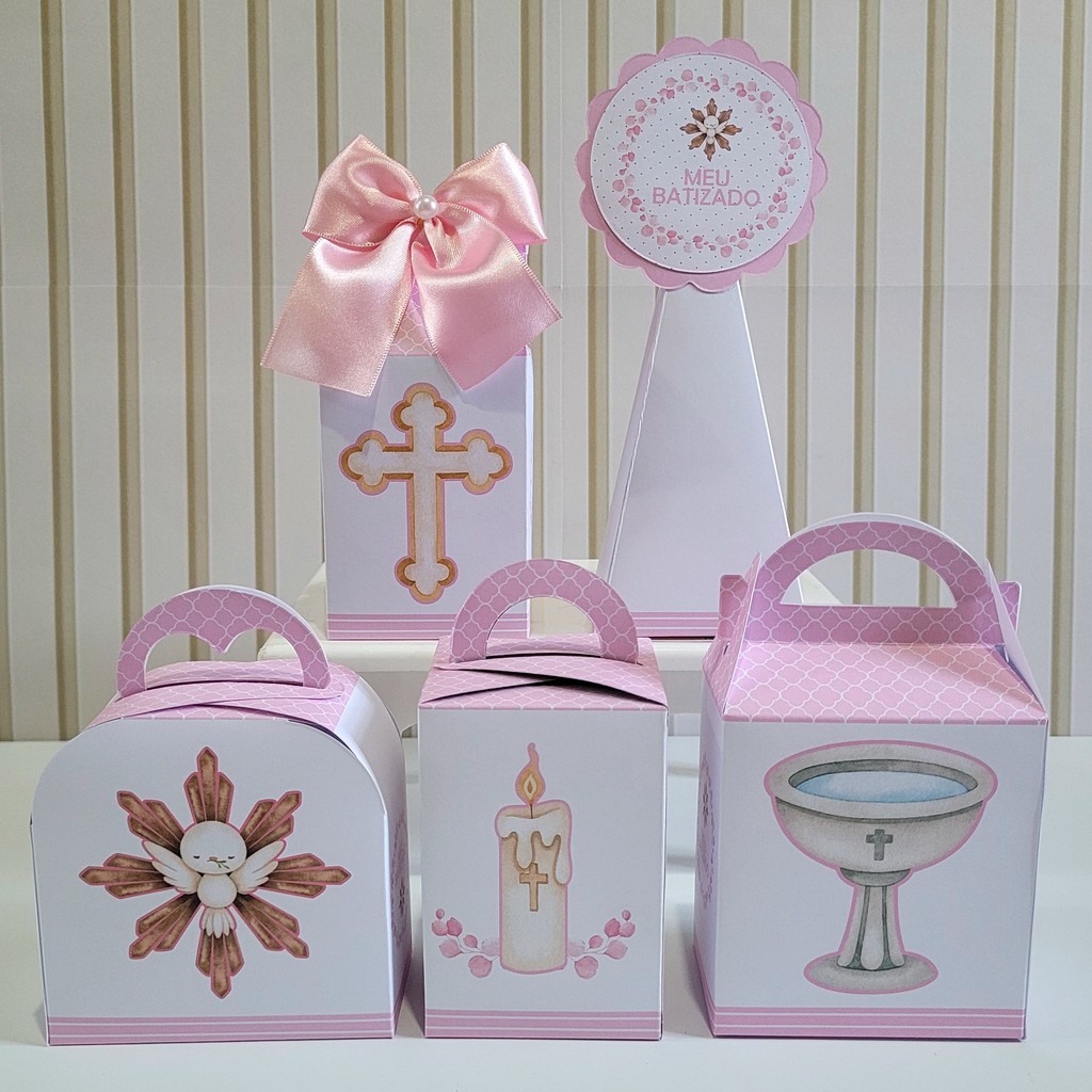 Kit Personalizados Batizado Rosa Batismo Menina Pegue Monte Caixinha Lembrancinha Festa Luxo