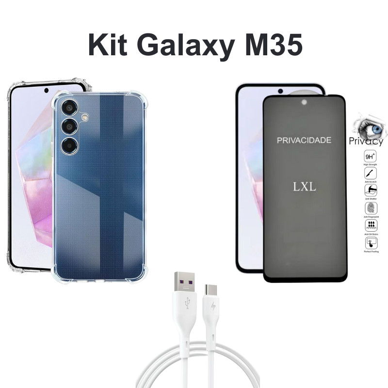 Kit Capa Transparente + Película 3D de Vidro Privacidade + Cabo USB Tipo C para 