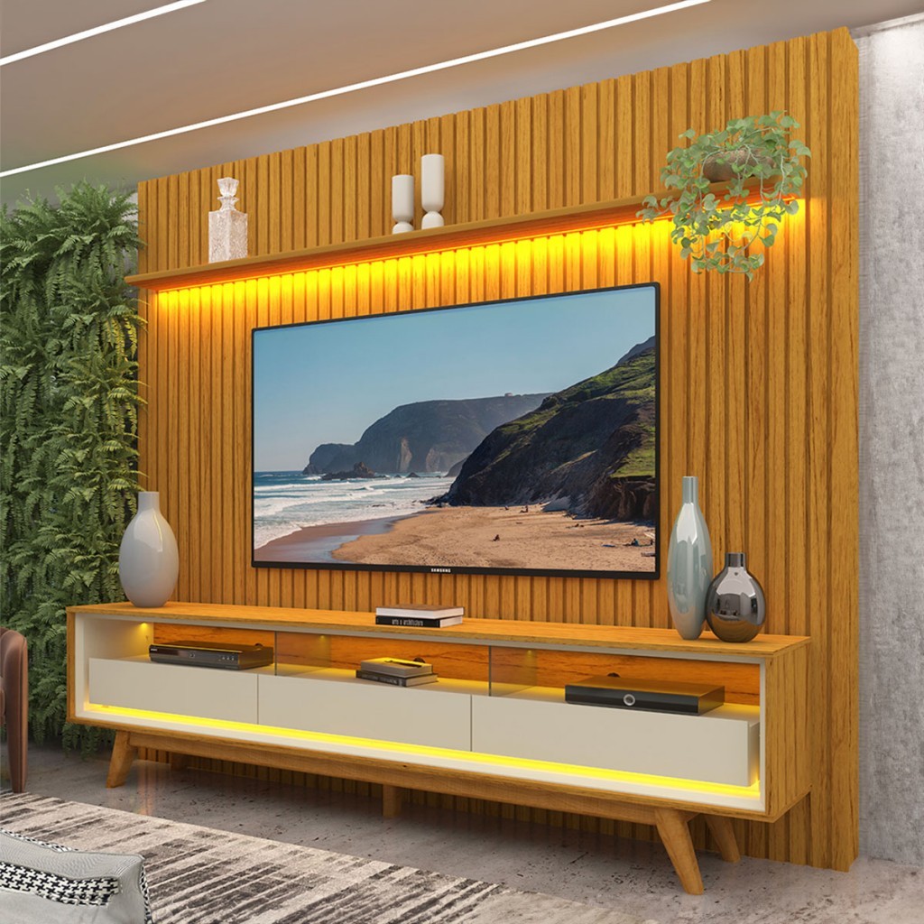 Rack com Painel para TV Até 85 Polegadas Nobre 3 Gavetas Ripado 100% Mdf com Led Naturale/Off White - Gelius em Oferta na Shopee