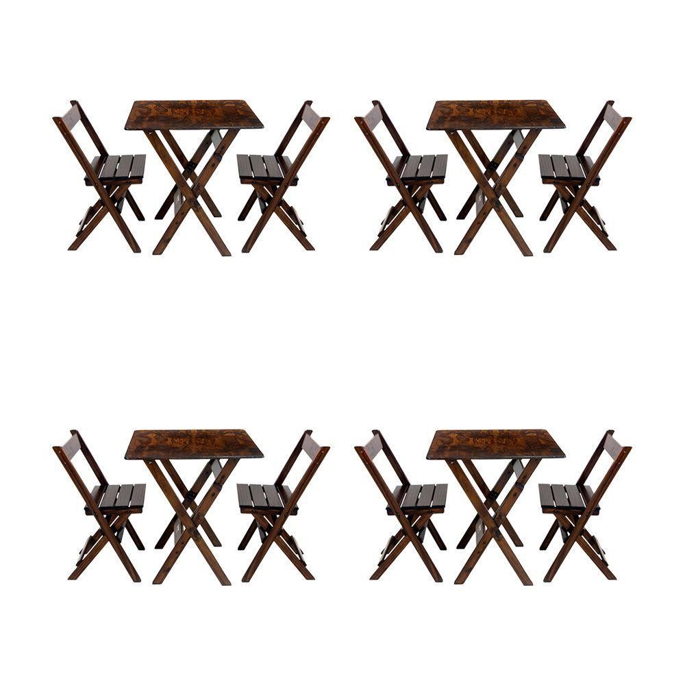 Kit 4 Conjuntos Mesa Dobrável Para Bar E Restaurante 60x60cm Com 2 Cadeiras Em Madeira Maciça - Imbu - Marrom